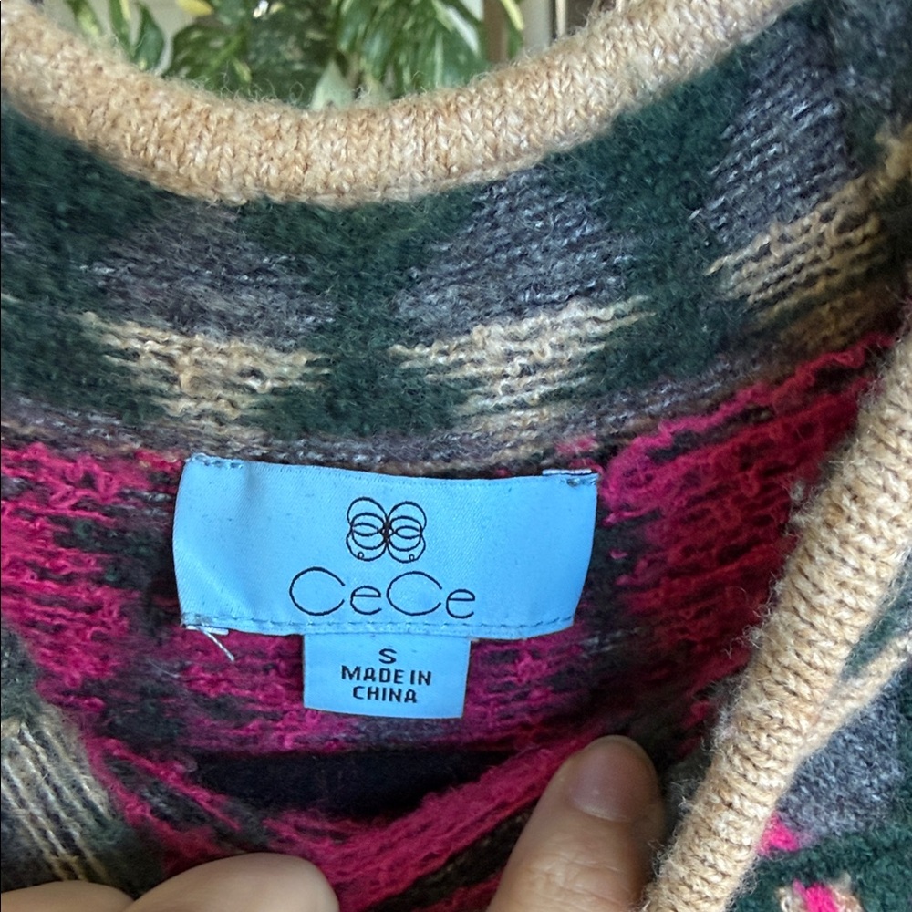 CeCe Beige Cowlneck Sweater with Pink & Dark Green Fair Isle Yoke - Picture 2 of 3